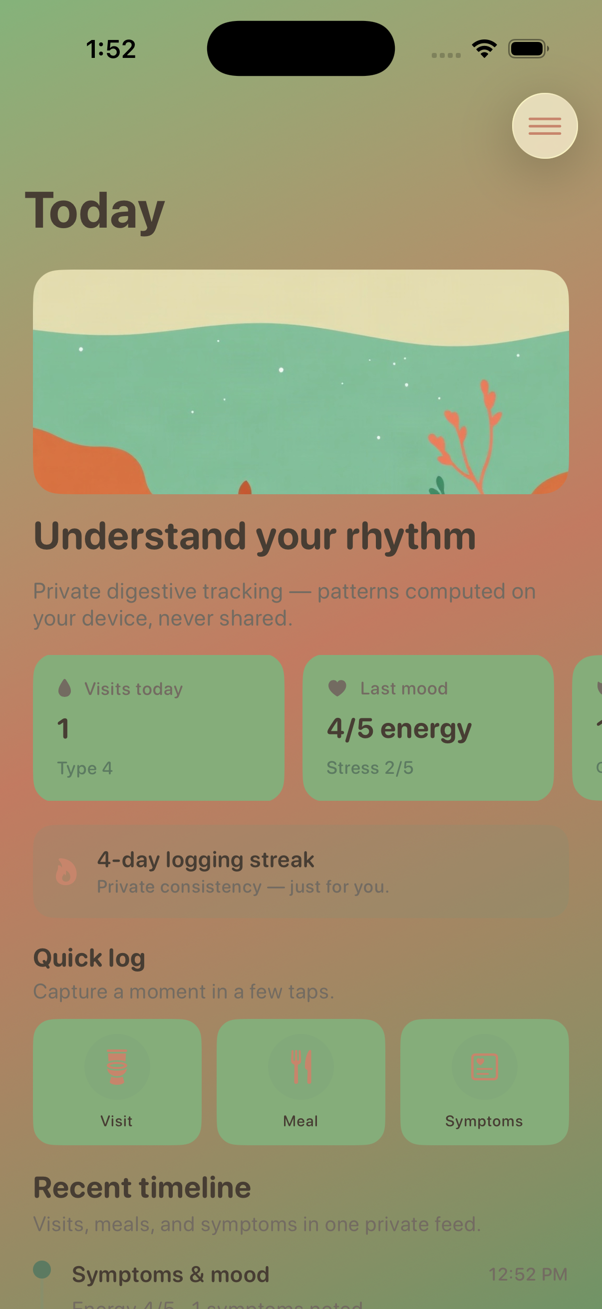 Today dashboard with timeline and quick actions