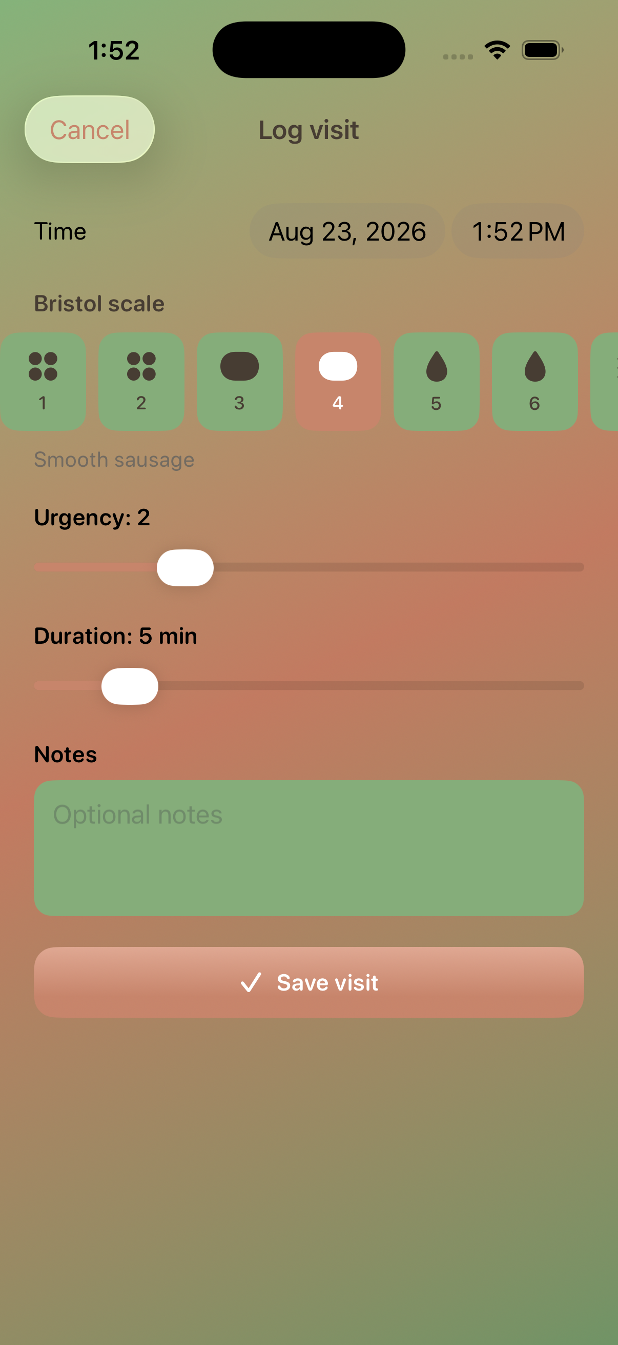 Visit log form with Bristol scale
